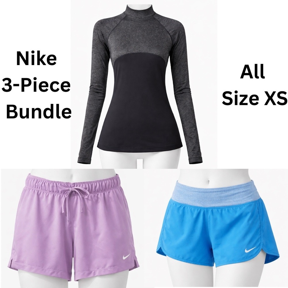 NIKE DRI-FIT 3-Piece Bundle Women's Active Top & 2 Pairs Running Shorts Size XS